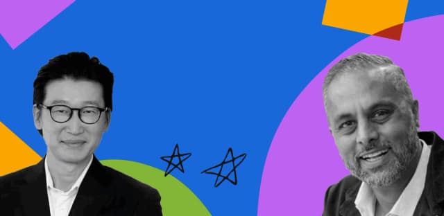 Black-and-white portraits of two men on a colorful abstract background with hand-drawn star doodles.