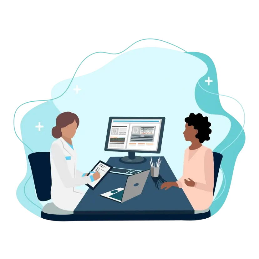 Two professionals reviewing component health metrics on screen using scorecards