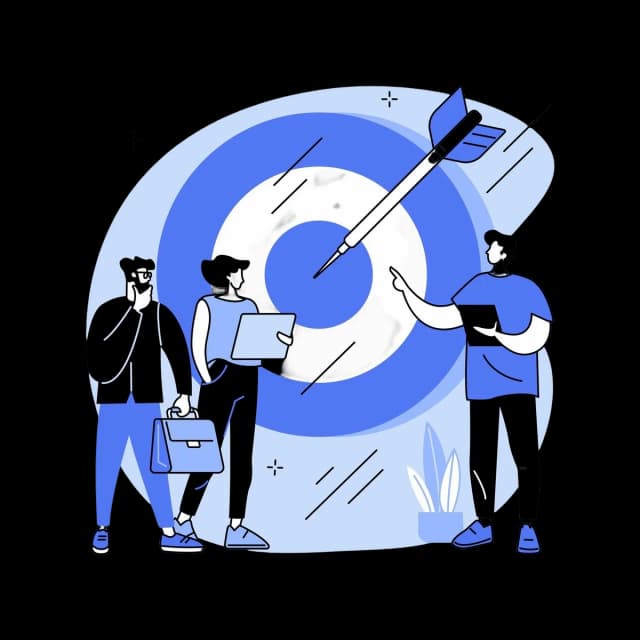 Illustration of a team discussing goals in front of a large target with a dart hitting the center, symbolizing strategic alignment and focus.