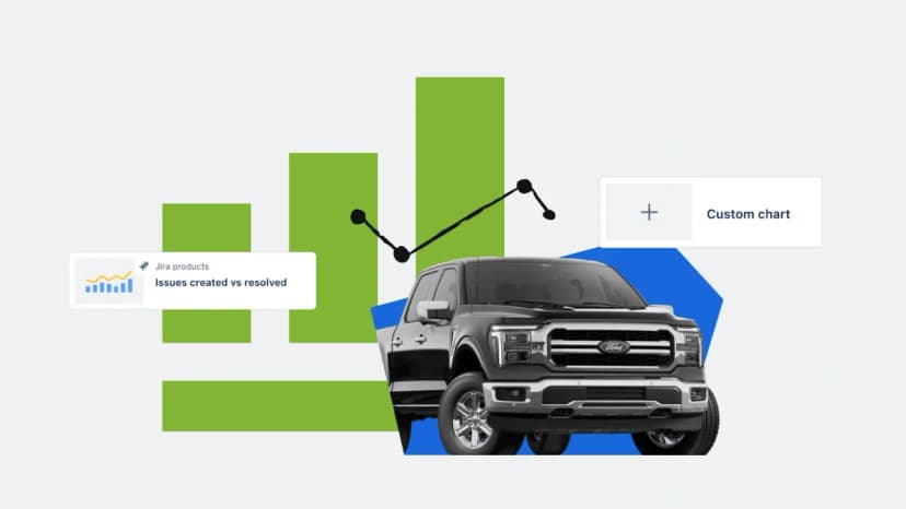 Ford F-150 with green bar charts and data visualization representing enterprise transformation.
