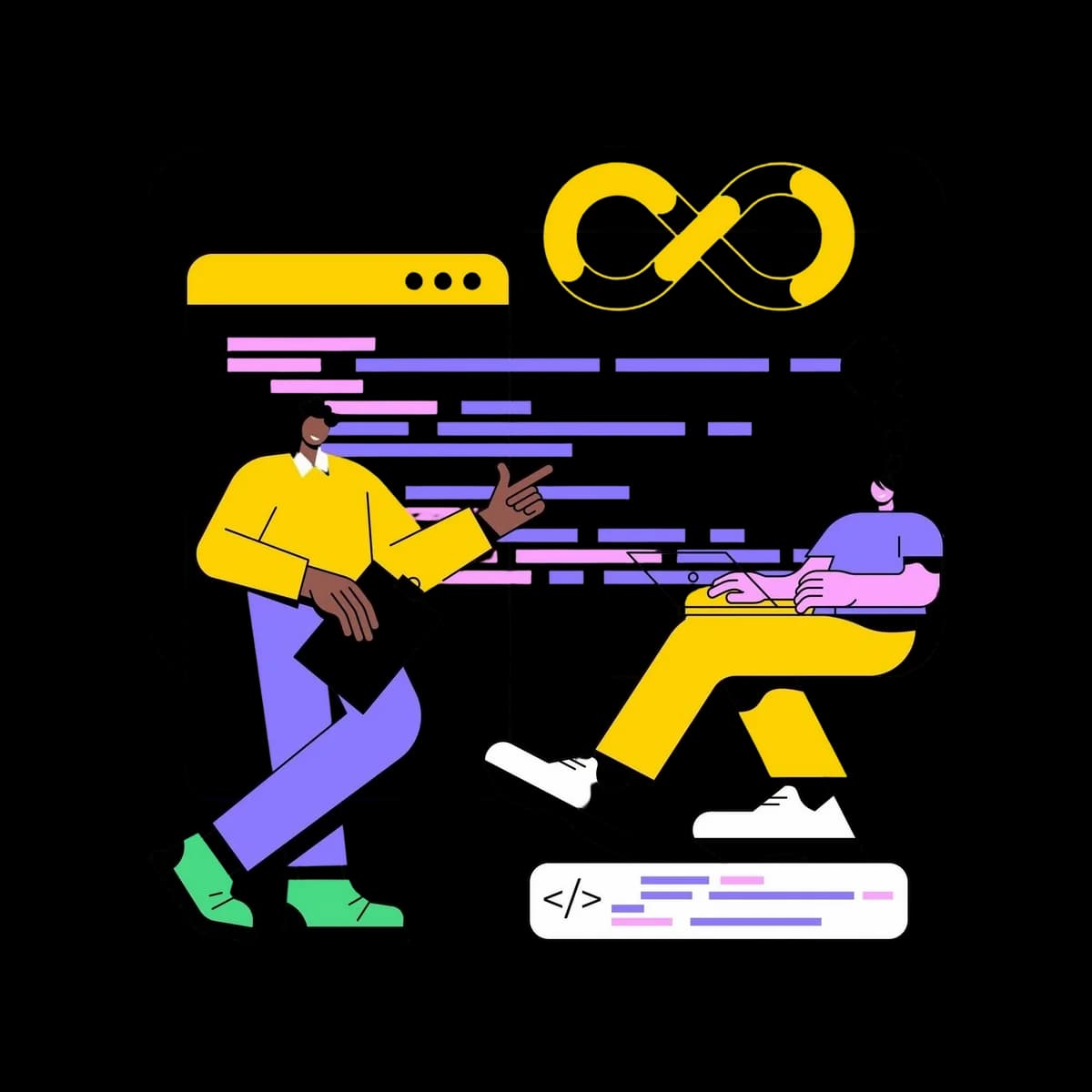 Two developers collaborating on a DevOps workflow with code and an infinity loop symbol representing continuous development.