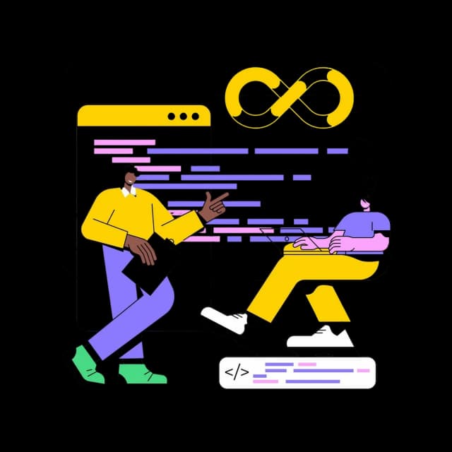 Two developers collaborating on a DevOps workflow with code and an infinity loop symbol representing continuous development.