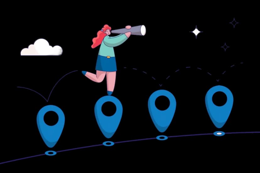 A professional using a telescope while standing on a milestone along a roadmap, representing strategic visibility and forward planning.