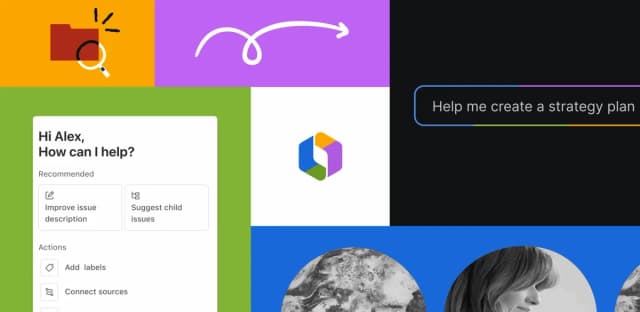 Illustration of a colorful Rovo interface showing AI assistant suggesting actions like improve issue description and create strategy plan.