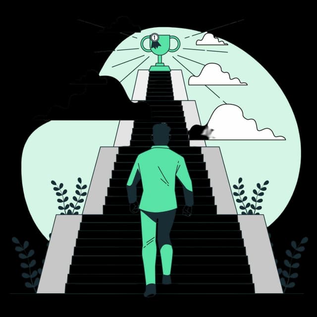 Person climbing stairs toward a trophy symbolizing success.
