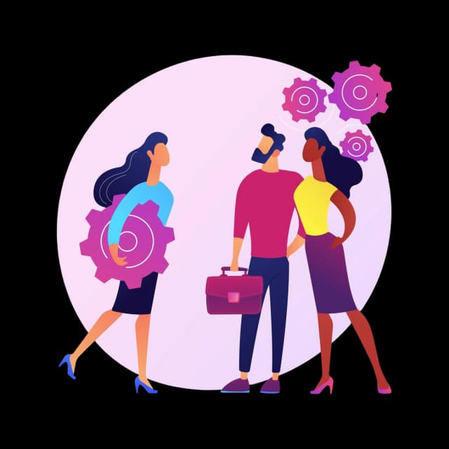 Professionals collaborating on recruitment with gear icons symbolizing team operations.