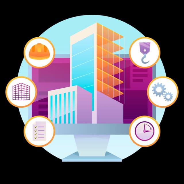 Digital illustration of construction project management with icons for safety, tools, gears, and planning around a modern building on a computer screen.