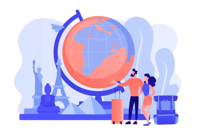 Image of two people, of different genders, standing beside a globe. They are engaged in a discussion, each pointing at different parts of the globe, symbolizing international collaboration and global perspective. The scene conveys a s