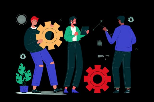 Illustration of a team collaborating with gears and charts, representing portfolio planning and coordinated delivery.