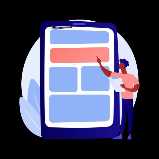 Person pointing at a large tablet interface with layout blocks, symbolizing mobile UI design or app structure.