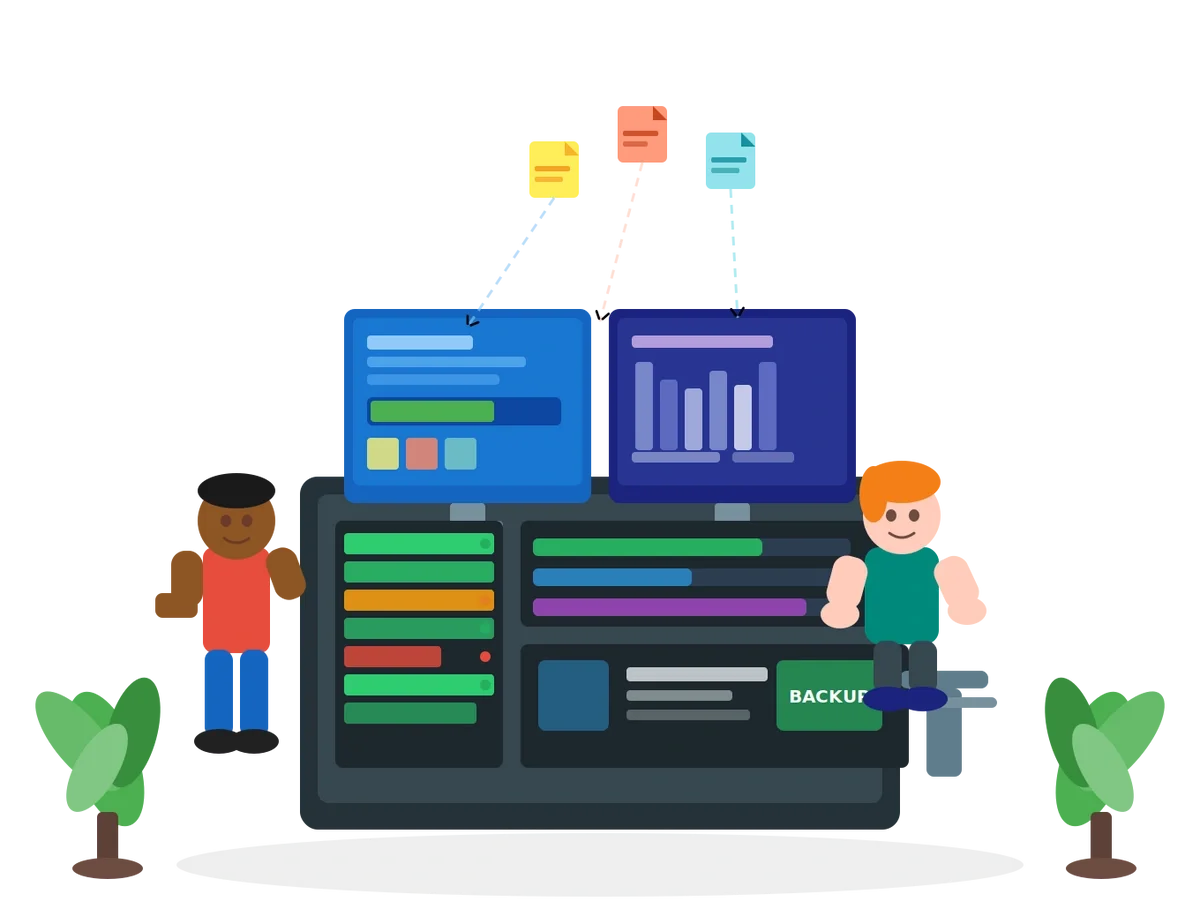 Two people managing a data backup system at a shared workstation with dual monitors