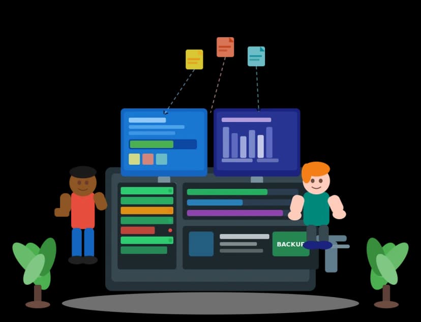 Two people managing a data backup system at a shared workstation with dual monitors