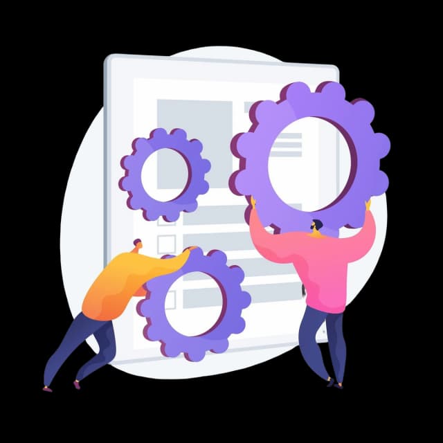 Developers integrating large gears into a digital interface, symbolizing seamless toolchain integration with Atlassian Compass.
