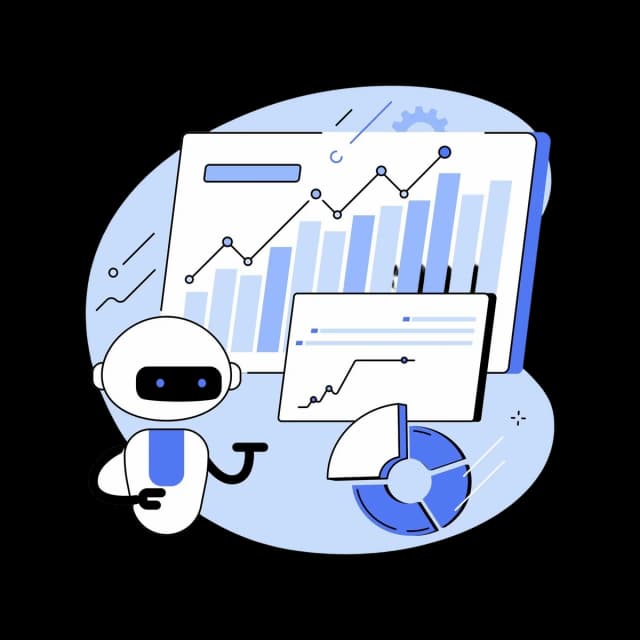 Illustration of a robot analyzing bar charts, pie chart, and line graphs representing automation and data analytics.