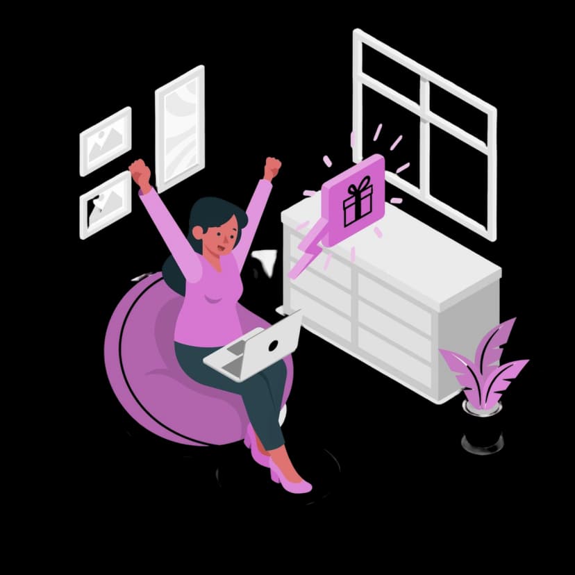Illustration of a person celebrating while working on a laptop, with a gift notification on a screen in the background.