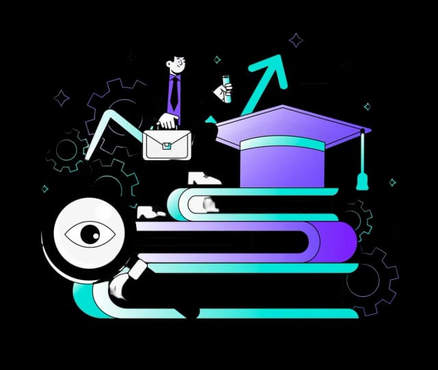 Illustration of a professional on books with a magnifying glass and gears, symbolizing software knowledge.