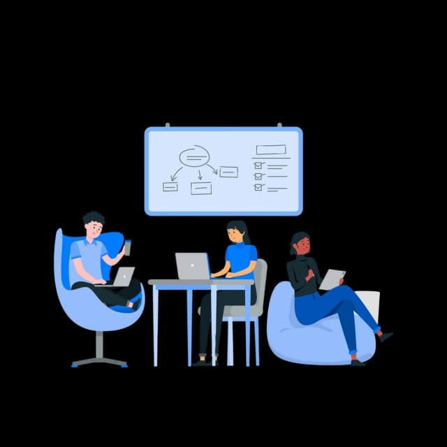 A team of three people working on laptops in a coworking space with a whiteboard showing a workflow diagram.