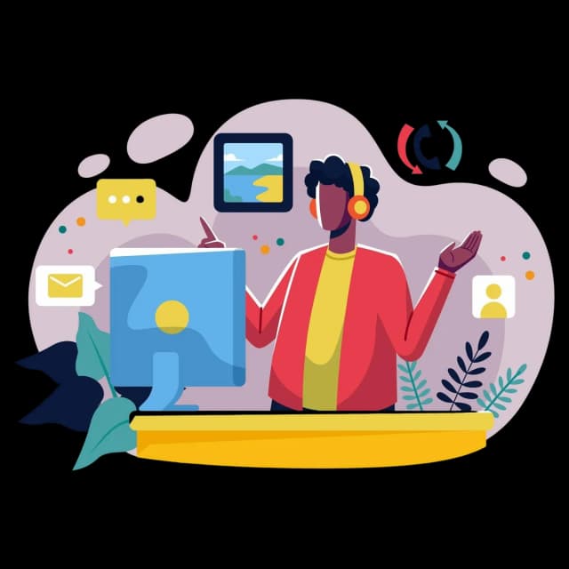 Service agent assisting customers at a desk with support and communication icons.