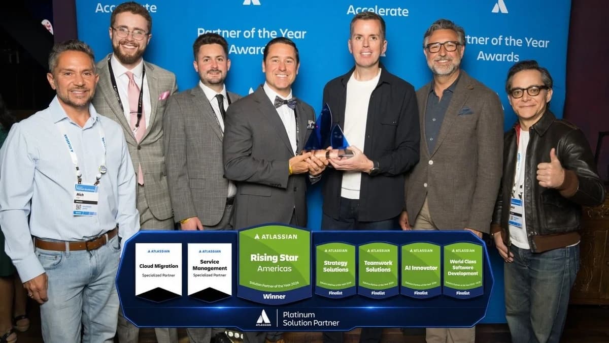 Atlas Bench accepting the Atlassian Rising Star Partner of the Year Award at Team '26, Anaheim 2026.