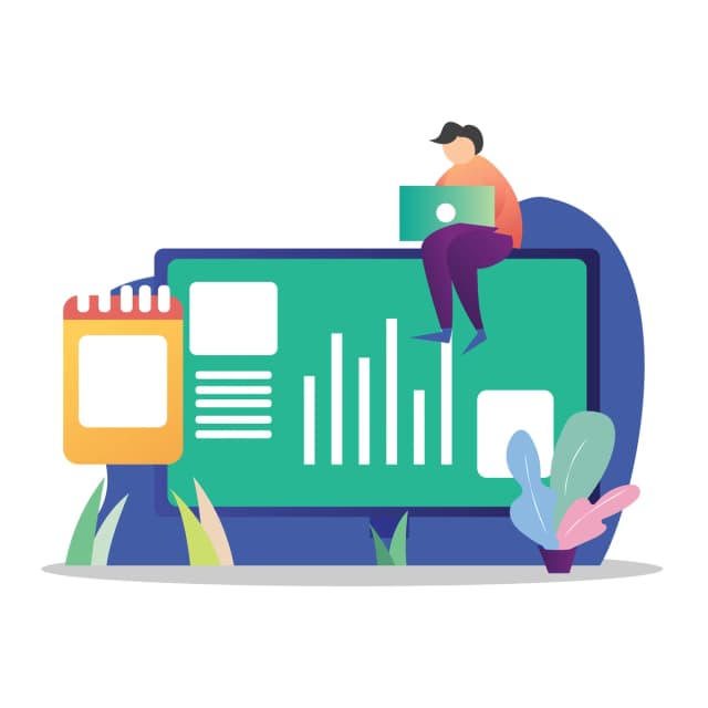 A minimalistic flat design illustration featuring a person sitting on a giant laptop, working on a project. The image is likely meant to represent remote work, digital analytics, or online business management.