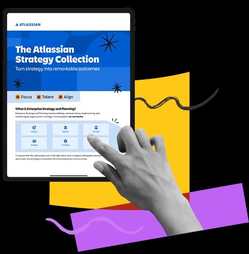 Illustration of a hand interacting with a tablet displaying the Atlassian Strategy Collection, highlighting focus, talent, and alignment for enterprise strategy.