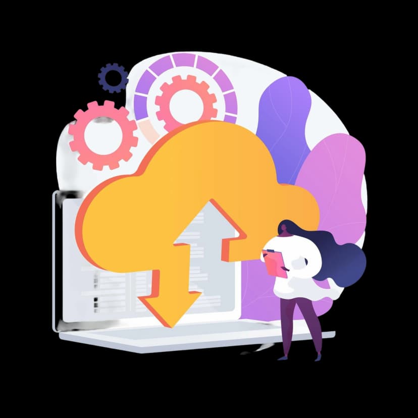 Illustration of a person standing near a laptop with a large cloud icon, representing cloud upload and synchronization