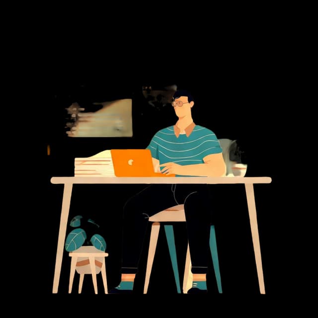 An illustration of a man at a desk using an orange laptop, with floating documents and a potted plant nearby.