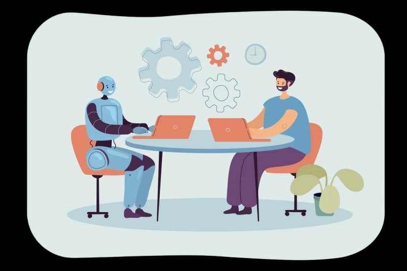 Illustration depicting AI agents supporting work in an enterprise