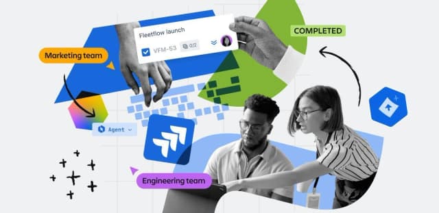 Illustration showing Marketing and Engineering teams collaborating on a Fleetflow launch using Jira.