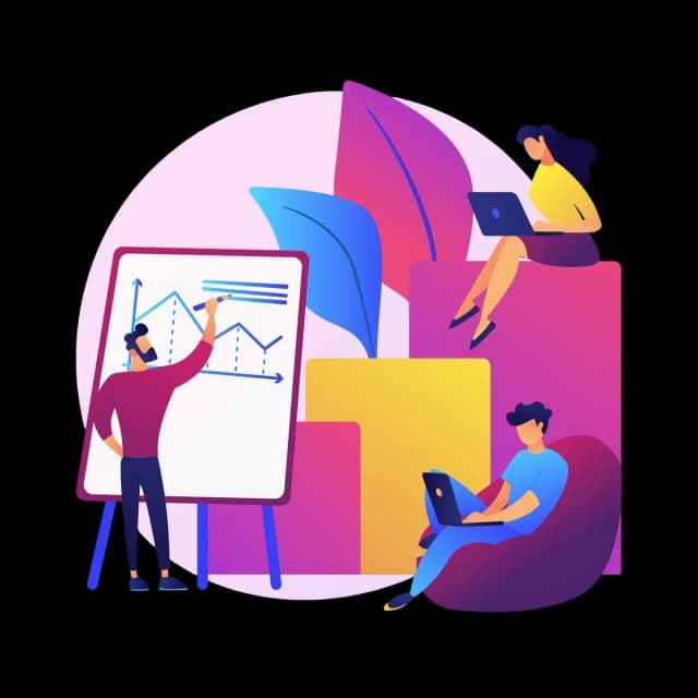 Illustration of people analyzing business data on a whiteboard while two colleagues work on laptops, representing teamwork and data analysis.