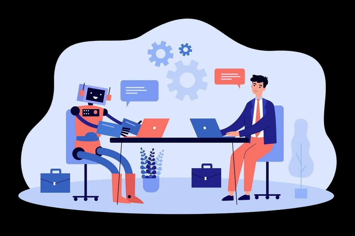 Developer collaborating with an AI assistant at a desk using laptops and shared tools