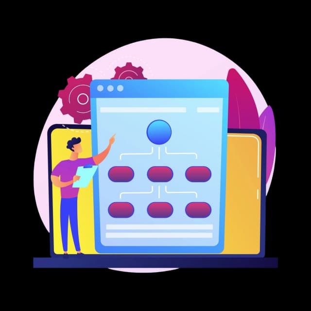 Person presenting a software workflow diagram on a large screen with gears in the background, symbolizing process automation or CI/CD pipeline.