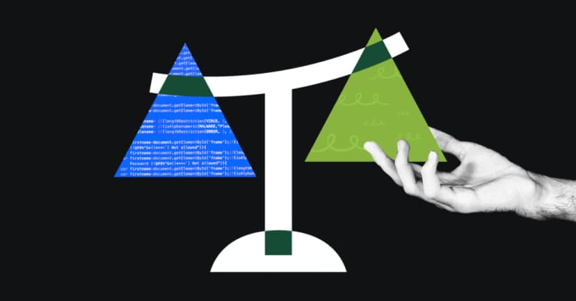 A scale with code on one side and abstract design on the other, representing balance between development and creativity.