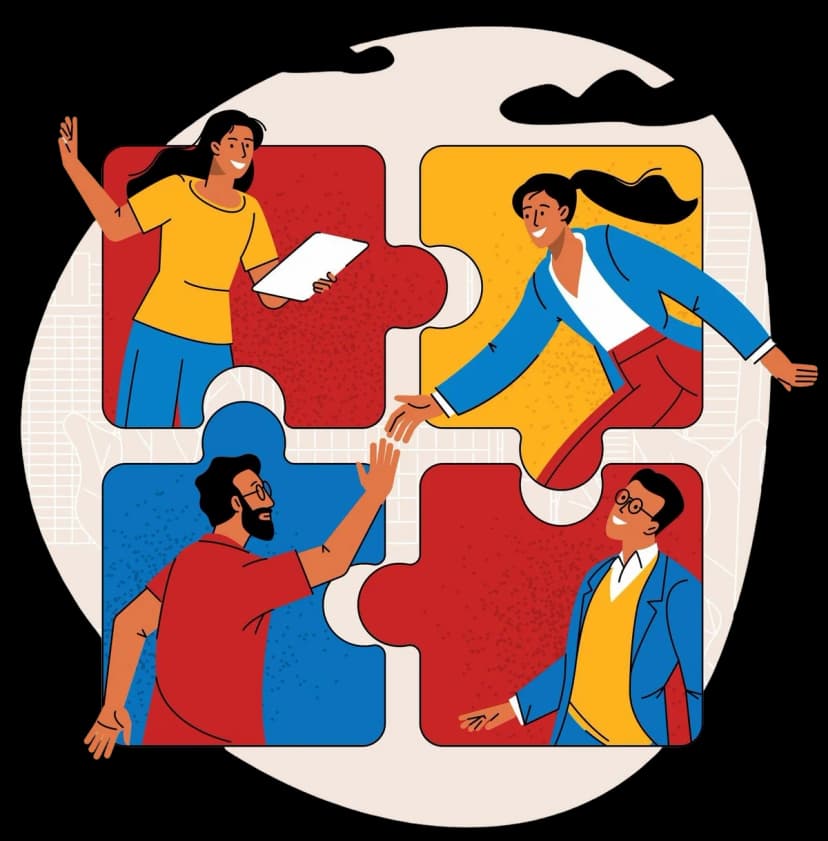 Cross‑functional team connecting pieces to complete a shared goal.