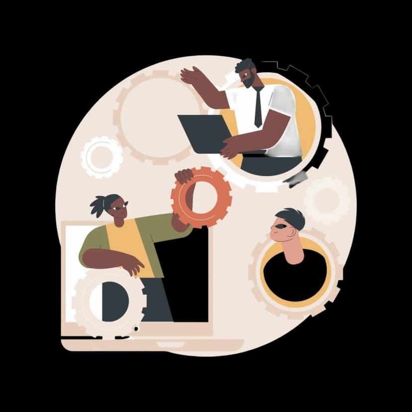 Illustration of a collaborative remote development team working together with gears and laptops.