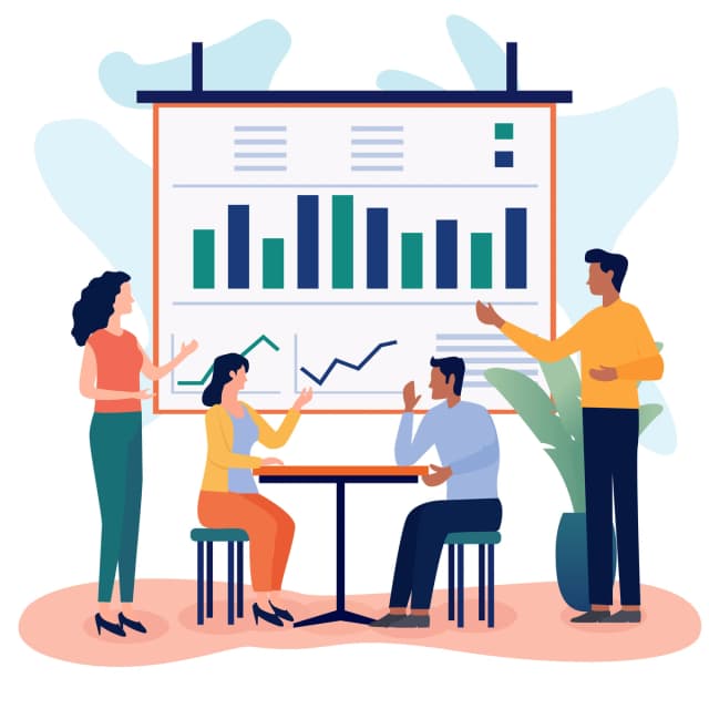 An illustration of a business team in a meeting, discussing data and statistics, with a large performance graph in the background, highlighting a collaborative analytical approach.