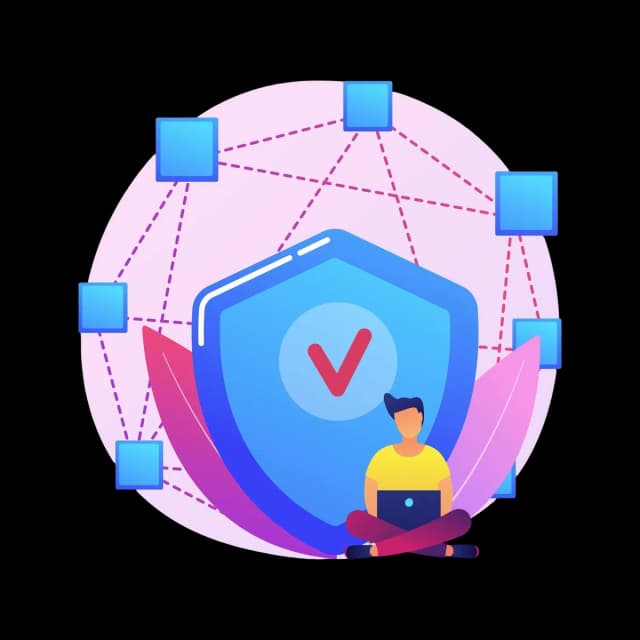 Person sitting with laptop in front of a large shield symbol, representing cybersecurity and secure digital network connections.