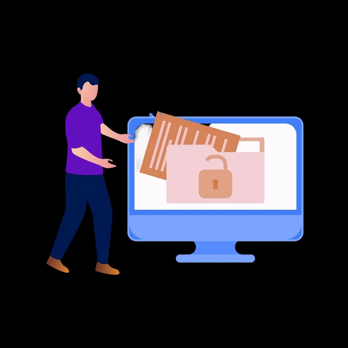 Illustration of a person placing documents into a secure folder on a computer screen.