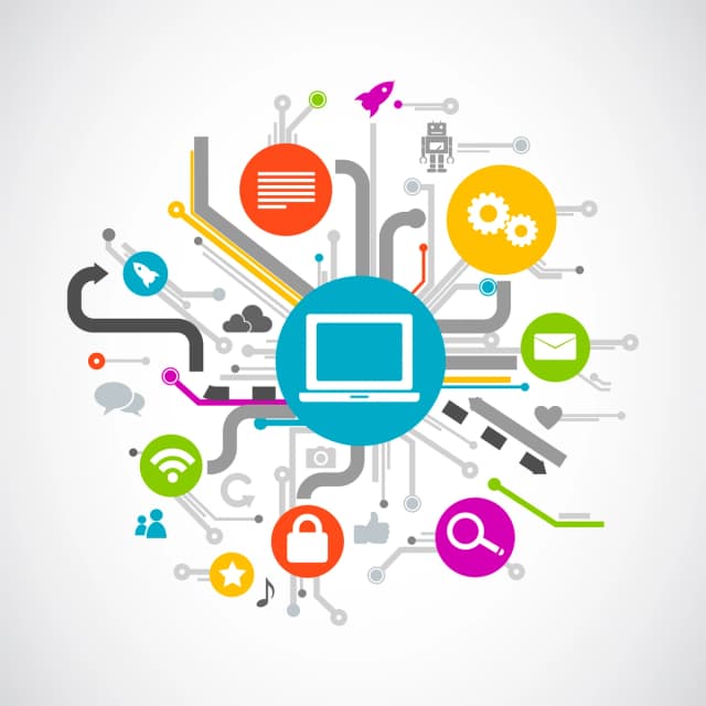 An abstract representation of a centralized computer network with various technology and social media icons connected through circuit-like lines, symbolizing digital communication and connectivity.