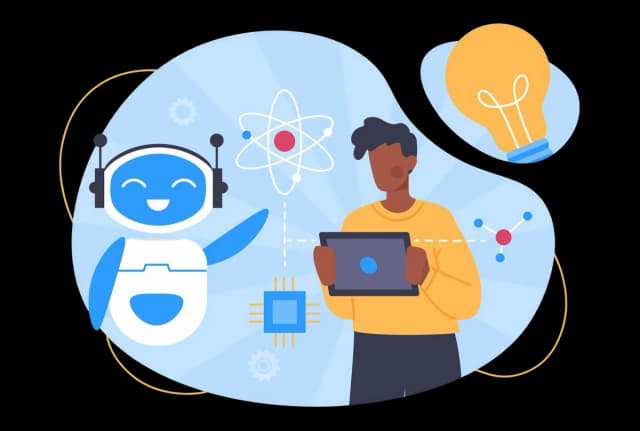 Illustration of an AI assistant helping a team member work on a laptop, with icons representing ideas, data, and automation.