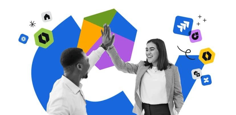 Two professionals high-fiving with Atlassian product icons in the background, representing teamwork and collaboration using Atlassian tools.