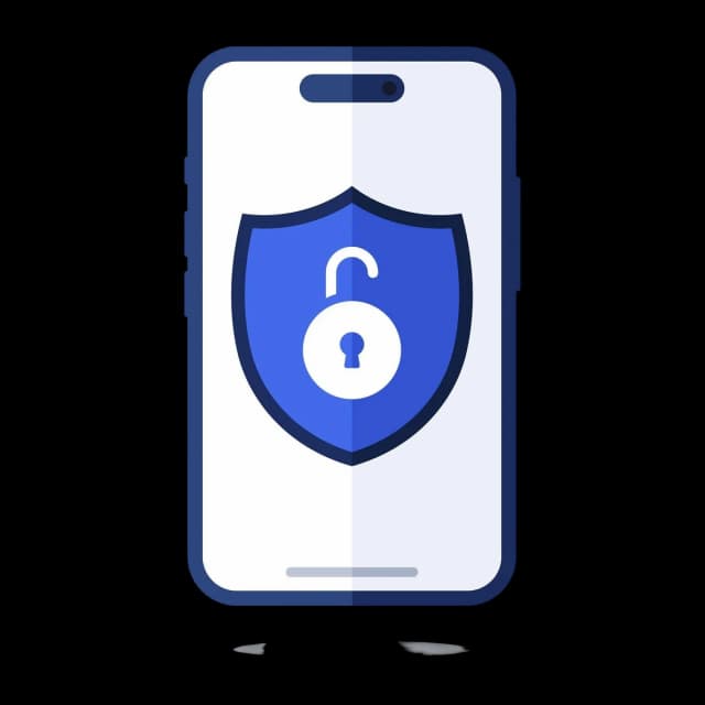 Smartphone displaying a security shield icon with an unlocked padlock, representing mobile cybersecurity or two-step verification.