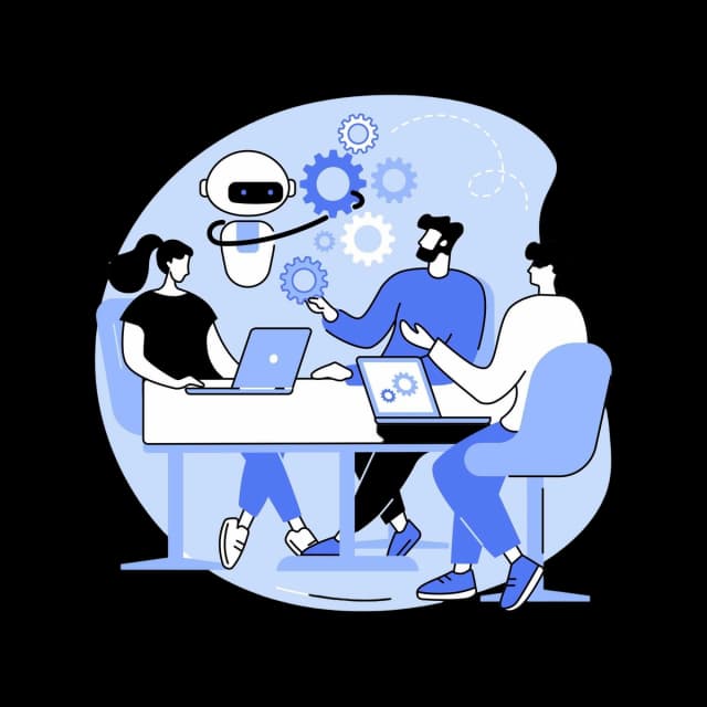 Illustration of a robot collaborating with three people at a table with laptops, symbolizing AI and teamwork.