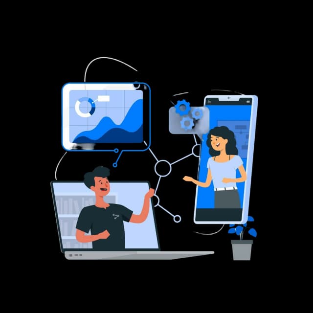 Illustration of two people having a virtual tech discussion via laptop and smartphone.
