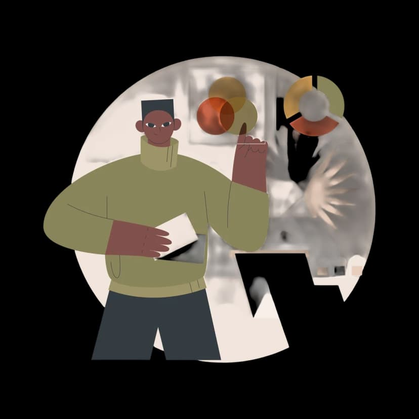 Illustration of a person analyzing charts and data visualizations.