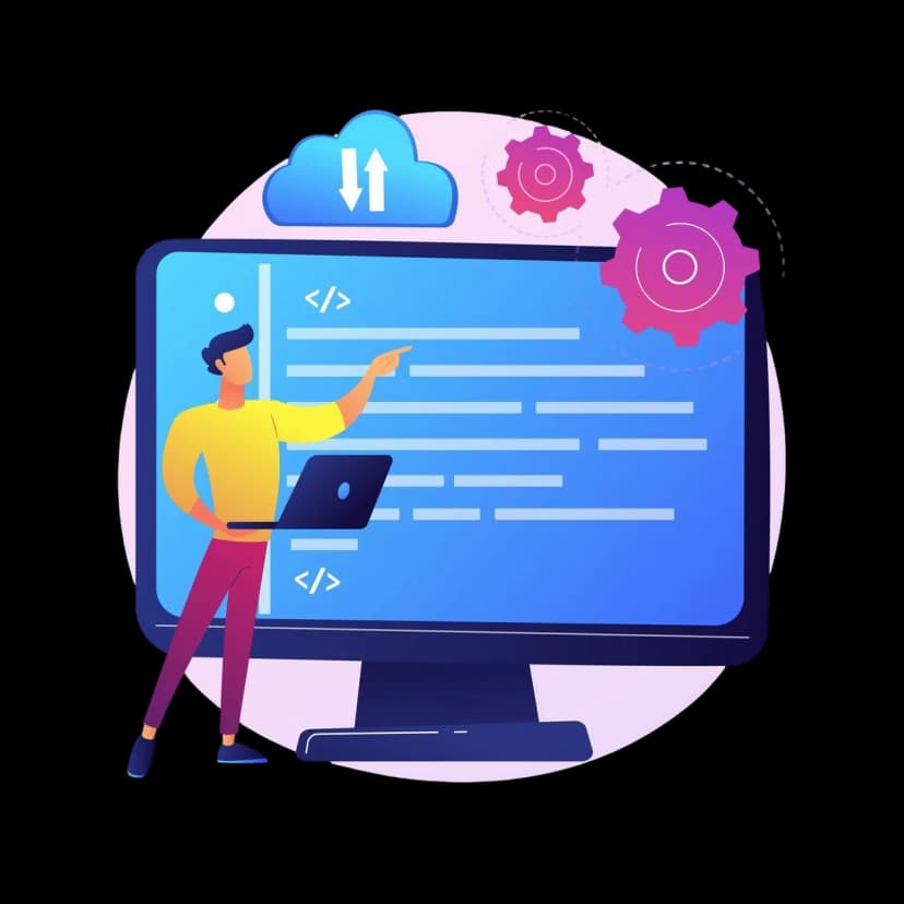 Developer pointing at large computer screen displaying code with cloud and gears, representing cloud-based development.