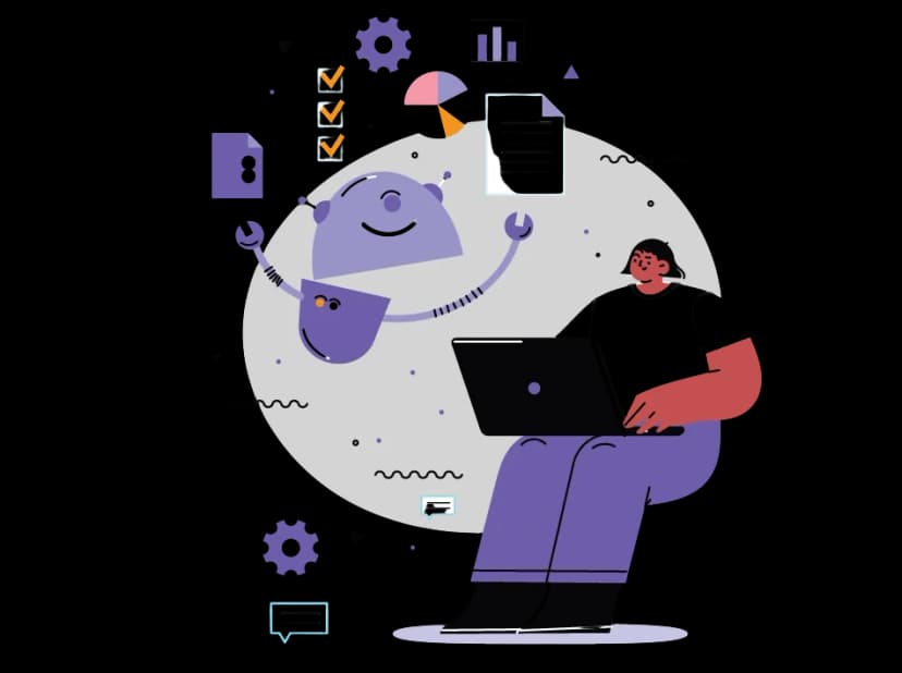 "Illustration of a person working on a laptop alongside a friendly robot, surrounded by icons representing data, documents, and productivity tools.