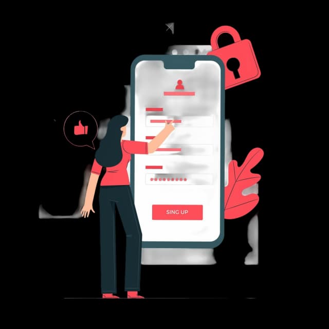 A woman signing up on a mobile app interface, with a large phone screen and lock icons in the background.