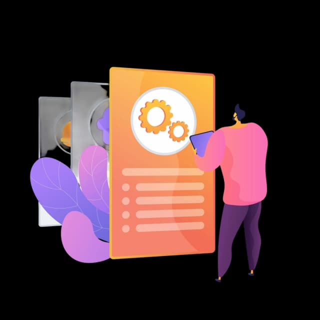 Illustration of a person analyzing a digital document with gear icons, representing data processing or system configuration.