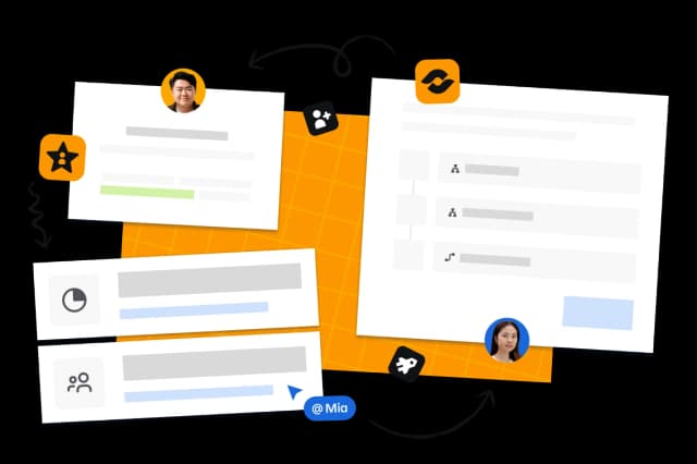 Illustration of talent and org chart data with avatars, role cards, and dynamic arrows showing workflow and collaboration.